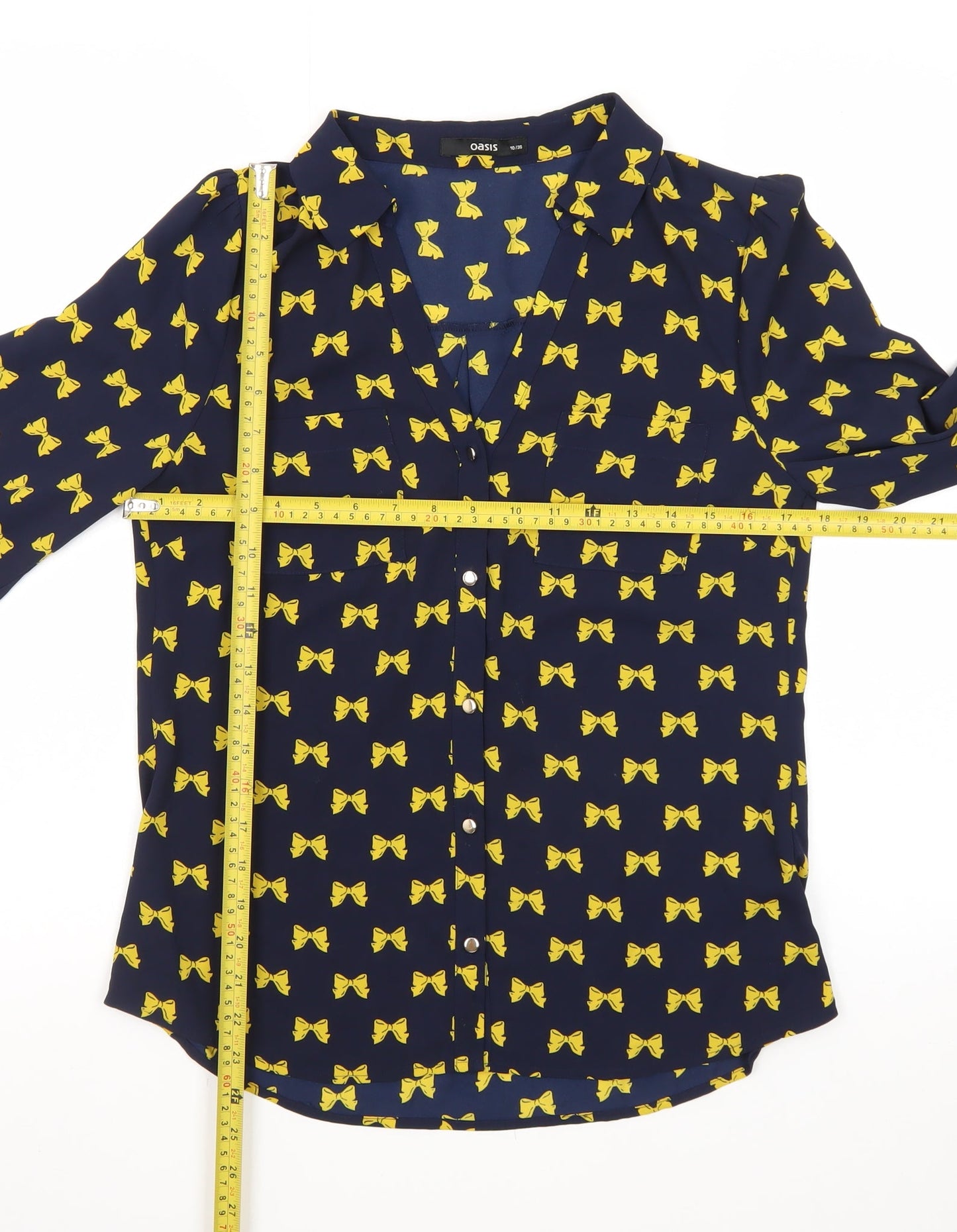 Oasis Women's Blue Bow Print Long Sleeve Blouse Size 10