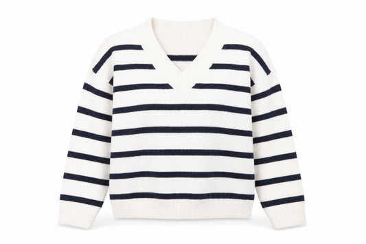Hollister Women's White Navy Striped V-Neck Knit Jumper M