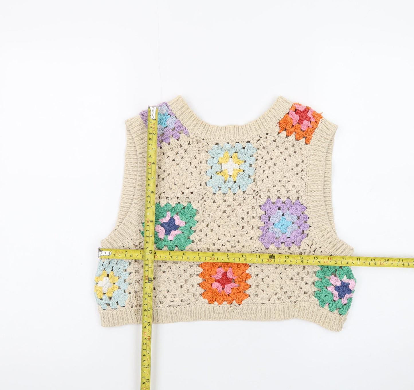 Stradivarius Women’s Beige Crochet Boho Vest Size 10 Sleeveless Top