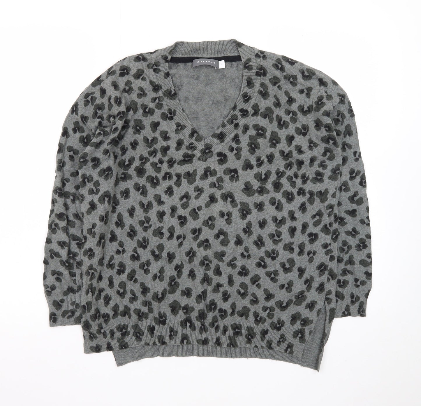 Mint Velvet Women’s Grey Leopard Print Wool Cashmere V-Neck Jumper Size S