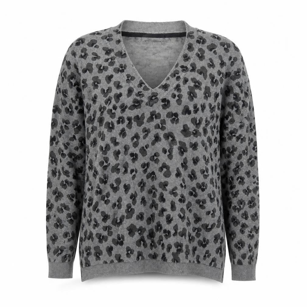 Mint Velvet Women’s Grey Leopard Print Wool Cashmere V-Neck Jumper Size S