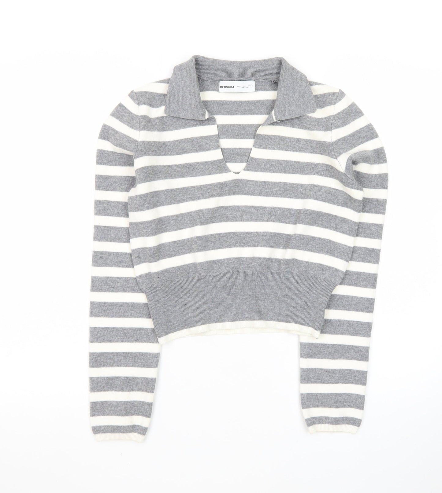 Bershka Women Grey Striped Collared Long Sleeve Pullover Jumper L
