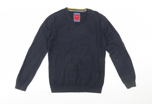 s.Oliver Men's Blue V-Neck Cotton Jumper Size S