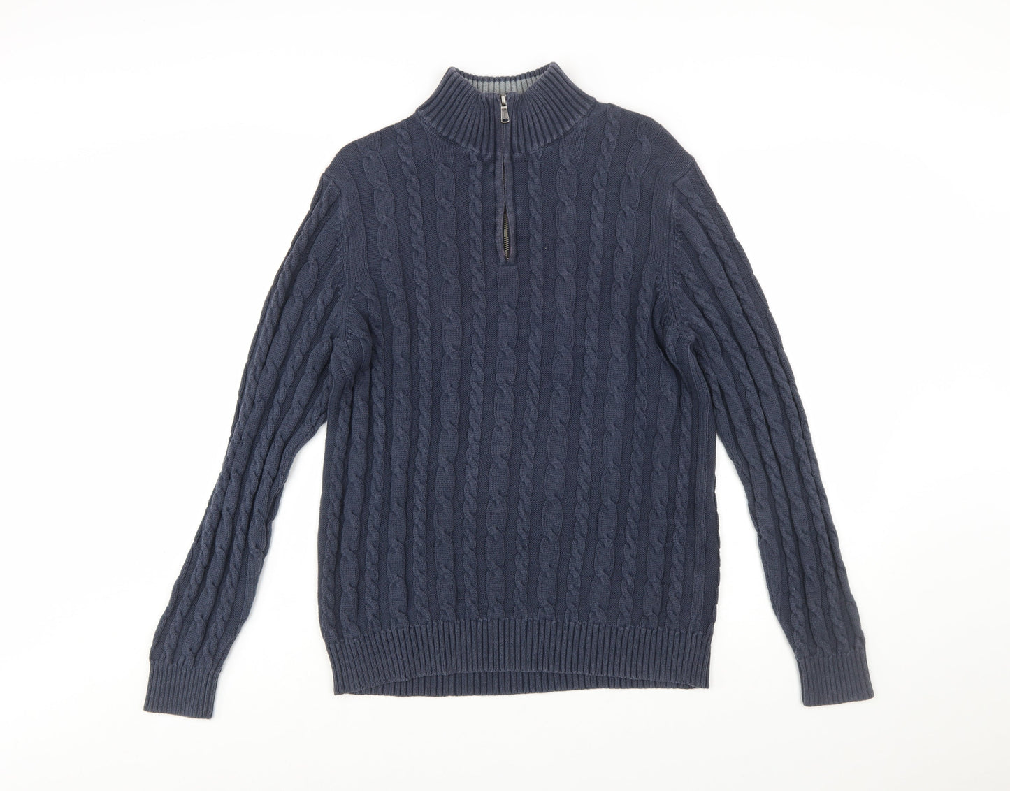 Lands' End Women's Blue Cotton Cable Knit Half Zip Jumper L