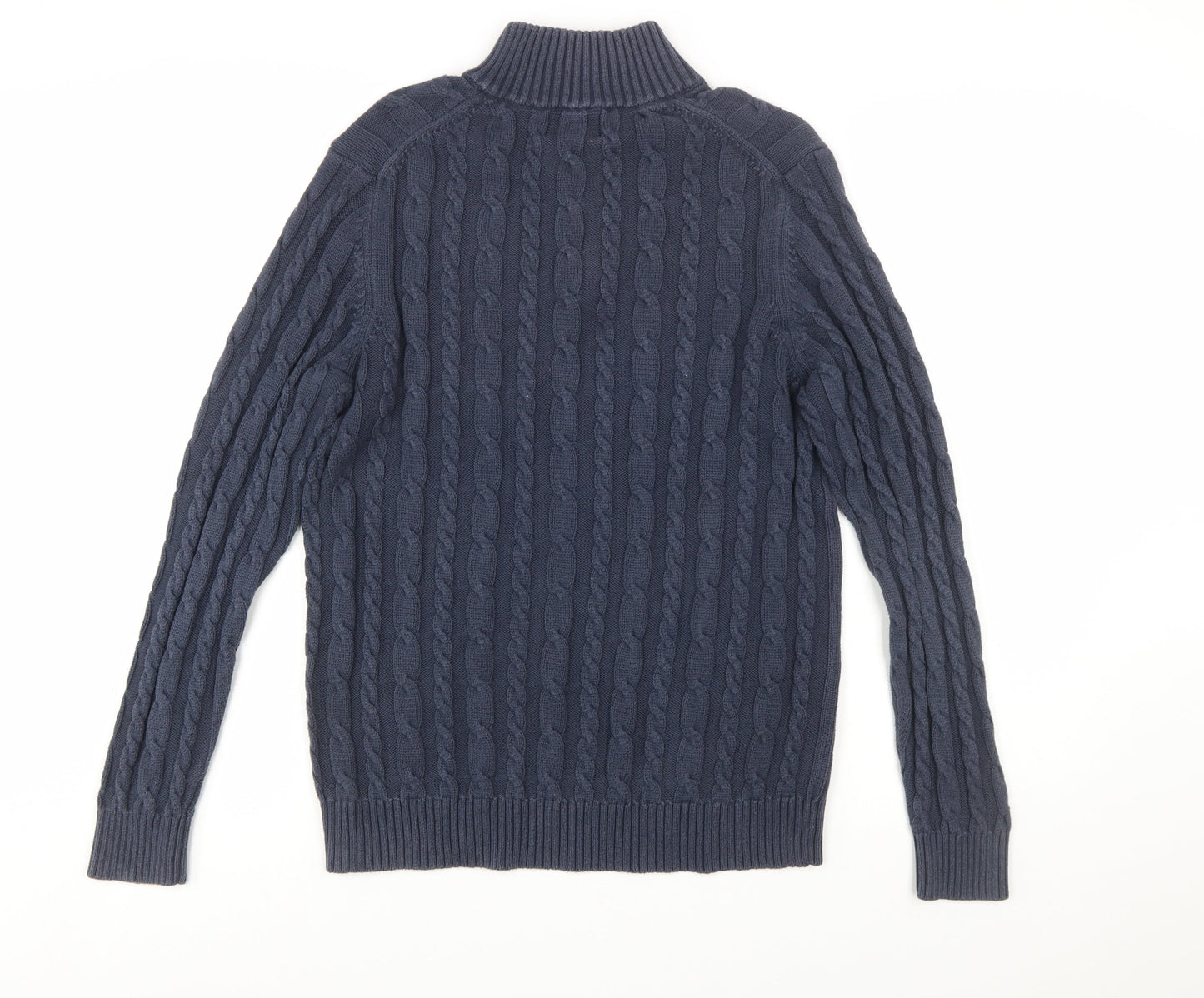 Lands' End Women's Blue Cotton Cable Knit Half Zip Jumper L