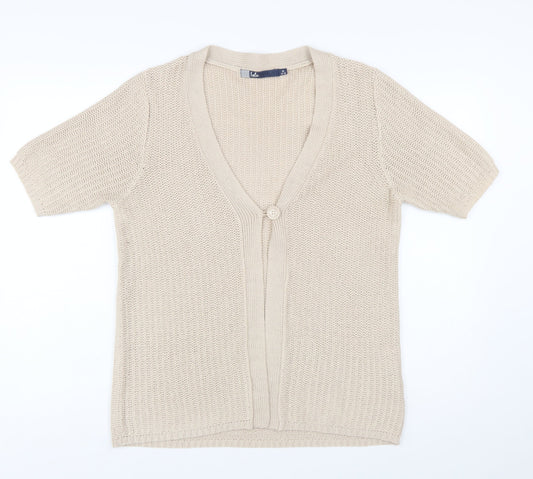 Isle Womens Beige Short Sleeve Knit Cardigan M 14-16 V-Neck Acrylic