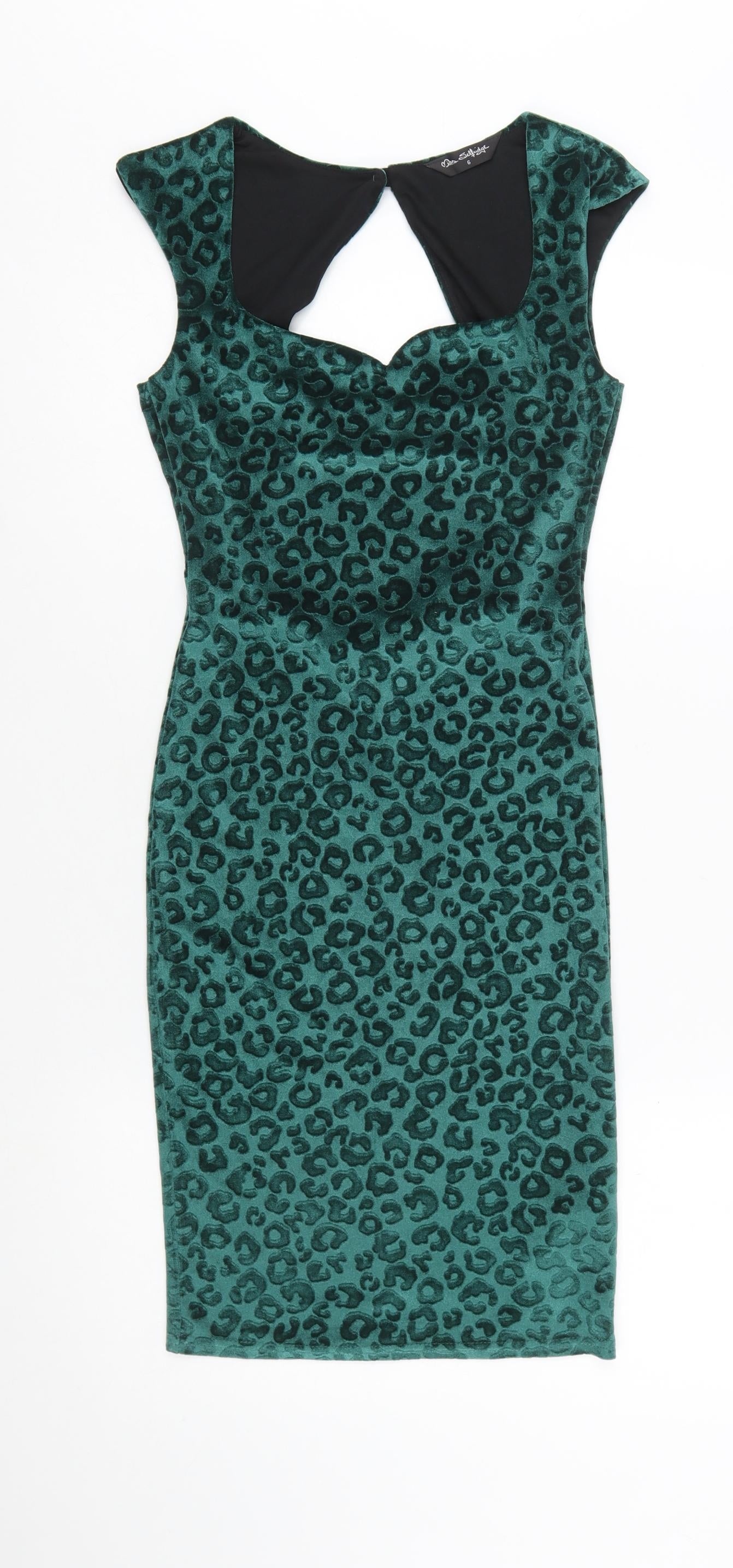 Miss Selfridge Women’s Green Leopard Velvet Bodycon Dress Size 6