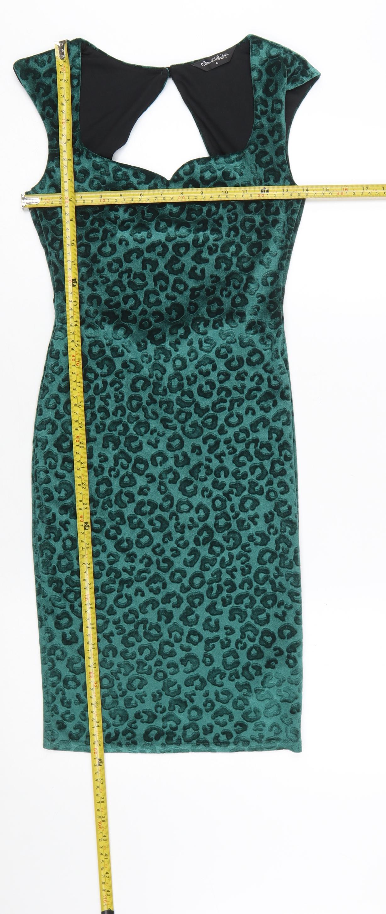 Miss Selfridge Women’s Green Leopard Velvet Bodycon Dress Size 6