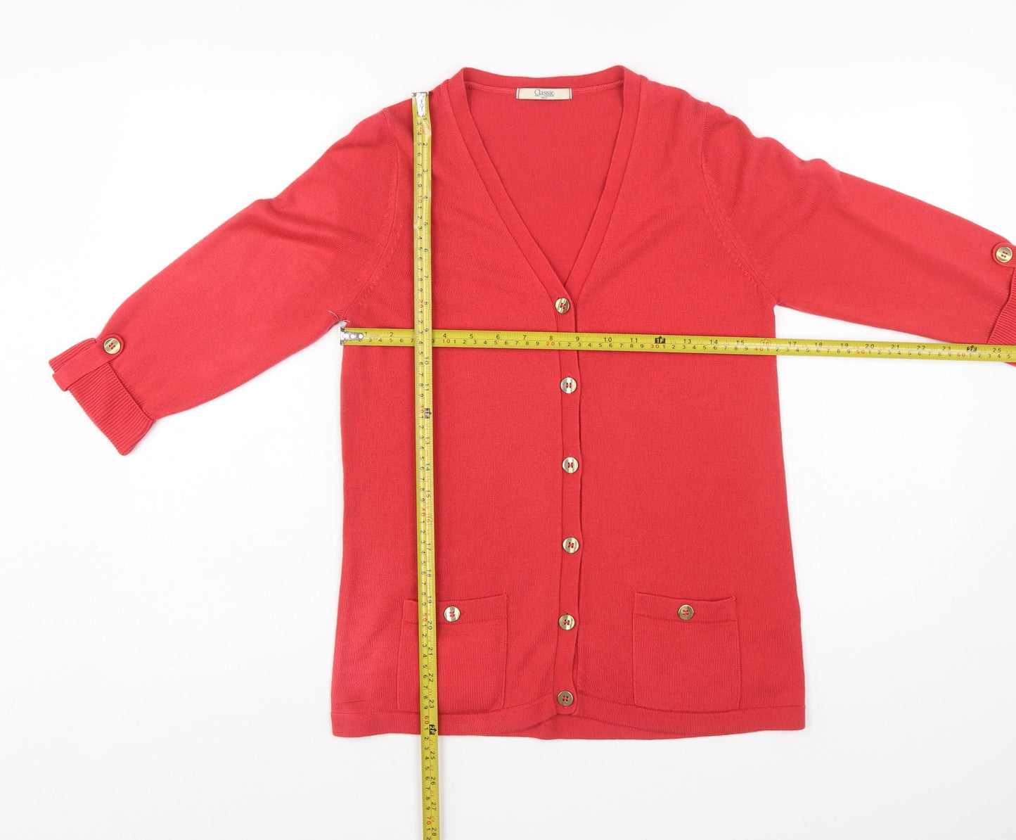 Marks and Spencer Women Red V-Neck 3/4 Sleeve Button Cardigan Size 10