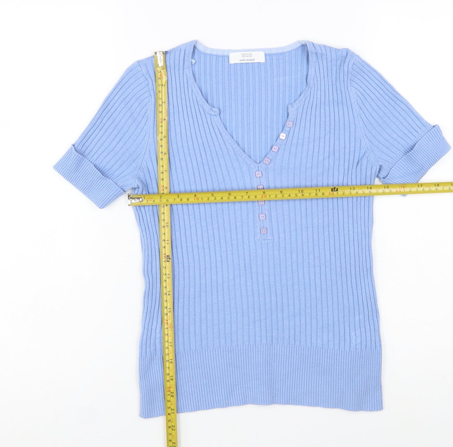Marks and Spencer Women’s Blue Short Sleeve Henley Ribbed Knit Jumper Size 10