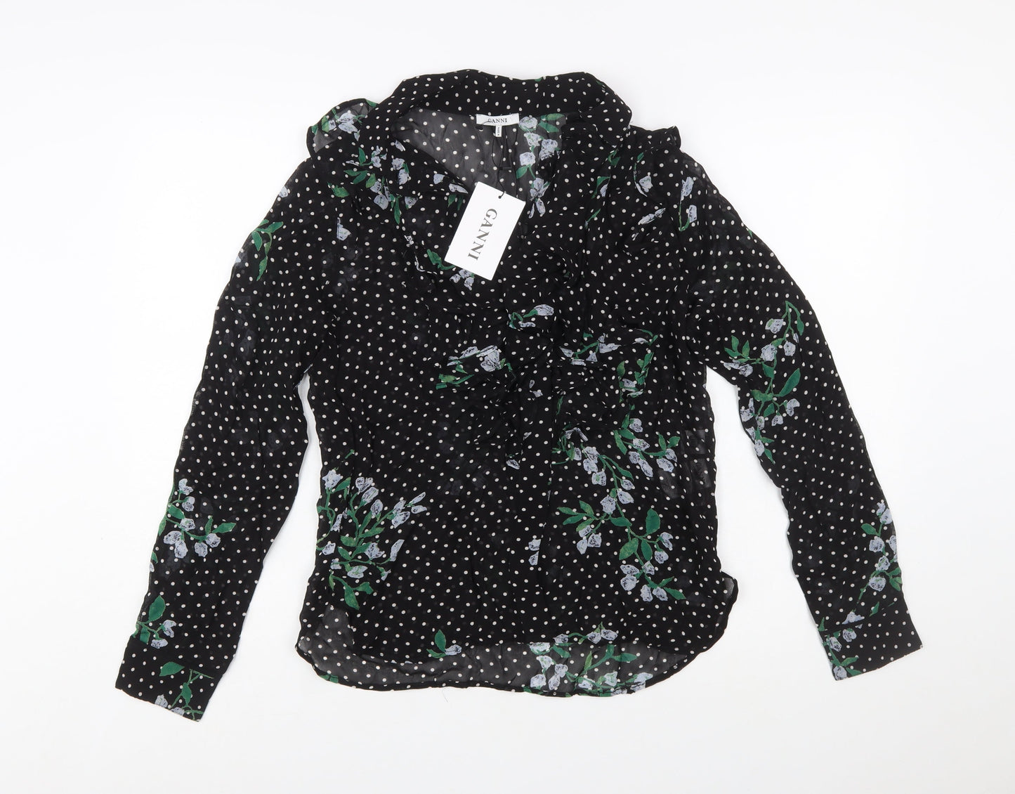 Ganni Women’s Black Floral Polka Dot Wrap Blouse Size 8