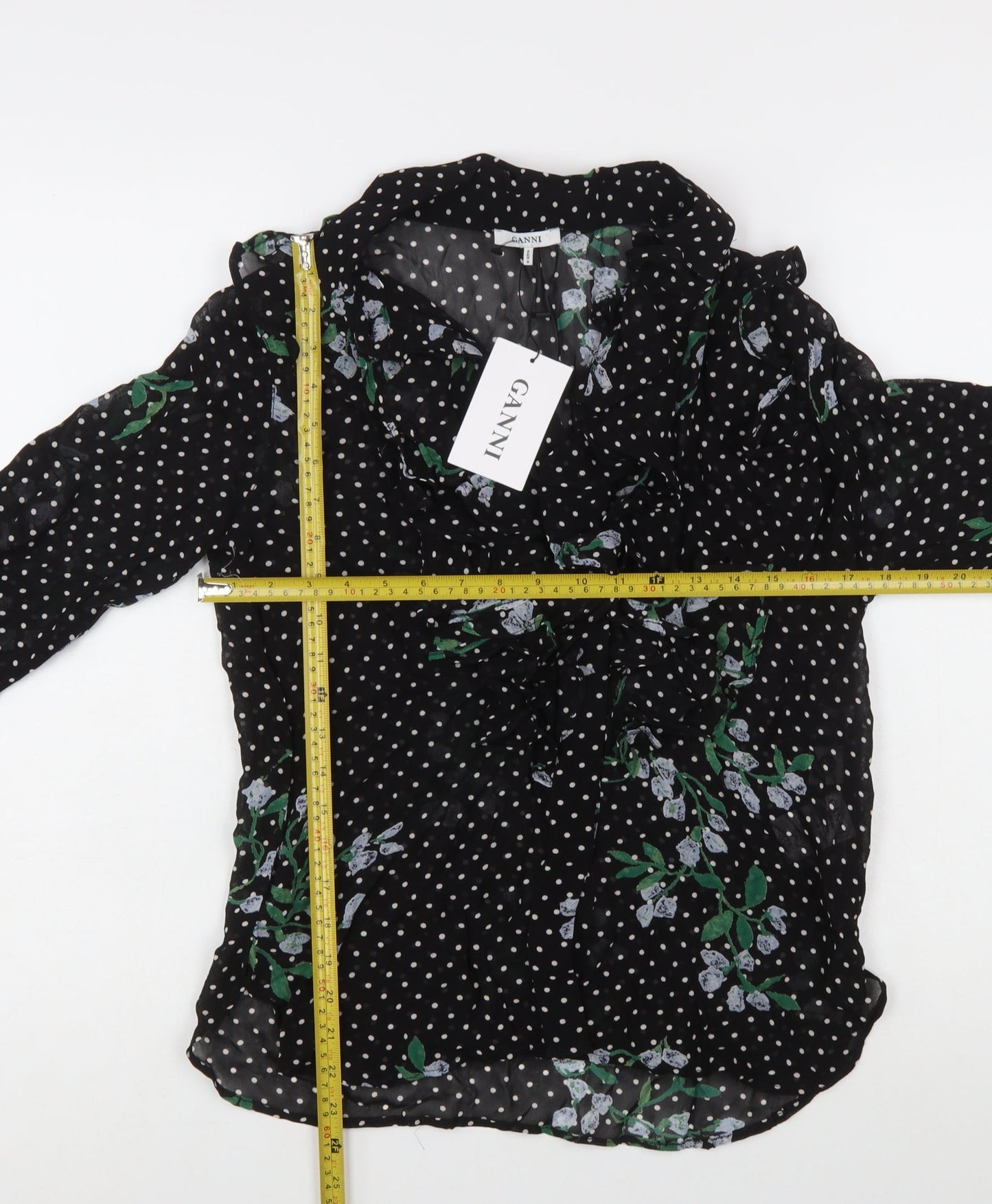 Ganni Women’s Black Floral Polka Dot Wrap Blouse Size 8