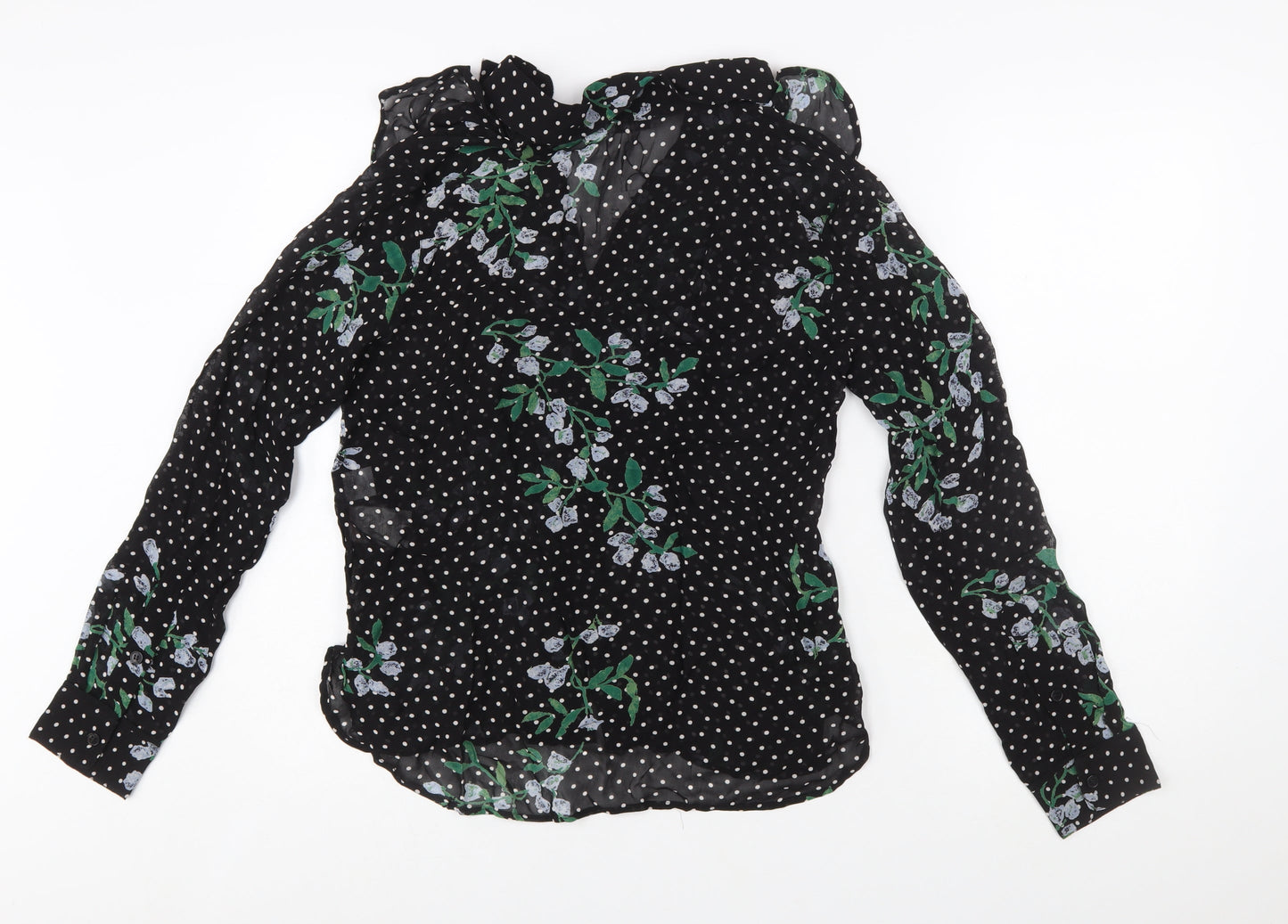 Ganni Women’s Black Floral Polka Dot Wrap Blouse Size 8