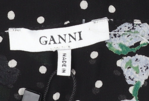 Ganni Women’s Black Floral Polka Dot Wrap Blouse Size 8