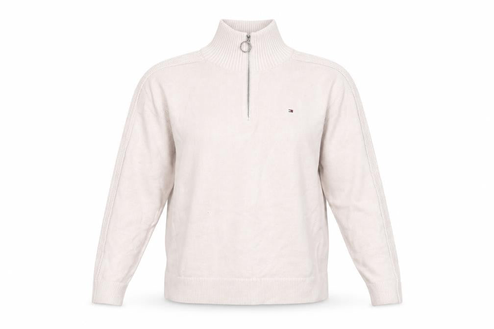 Tommy Hilfiger Women Ivory 1/4 Zip High Neck Cotton Jumper S