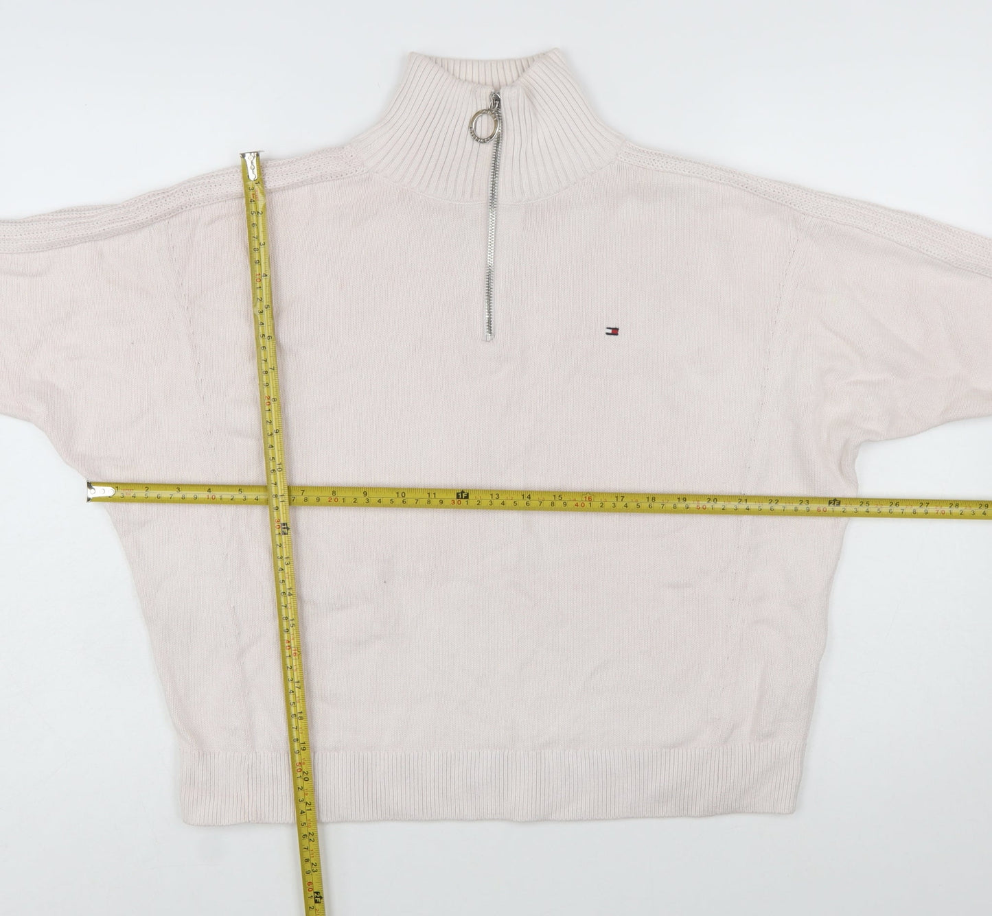 Tommy Hilfiger Women Ivory 1/4 Zip High Neck Cotton Jumper S
