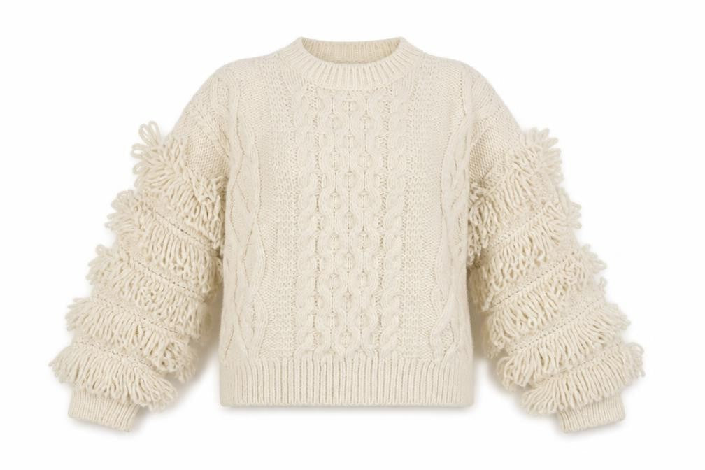 H&M Women’s Ivory Chunky-Knit Fringe Wool Blend Jumper Size 12
