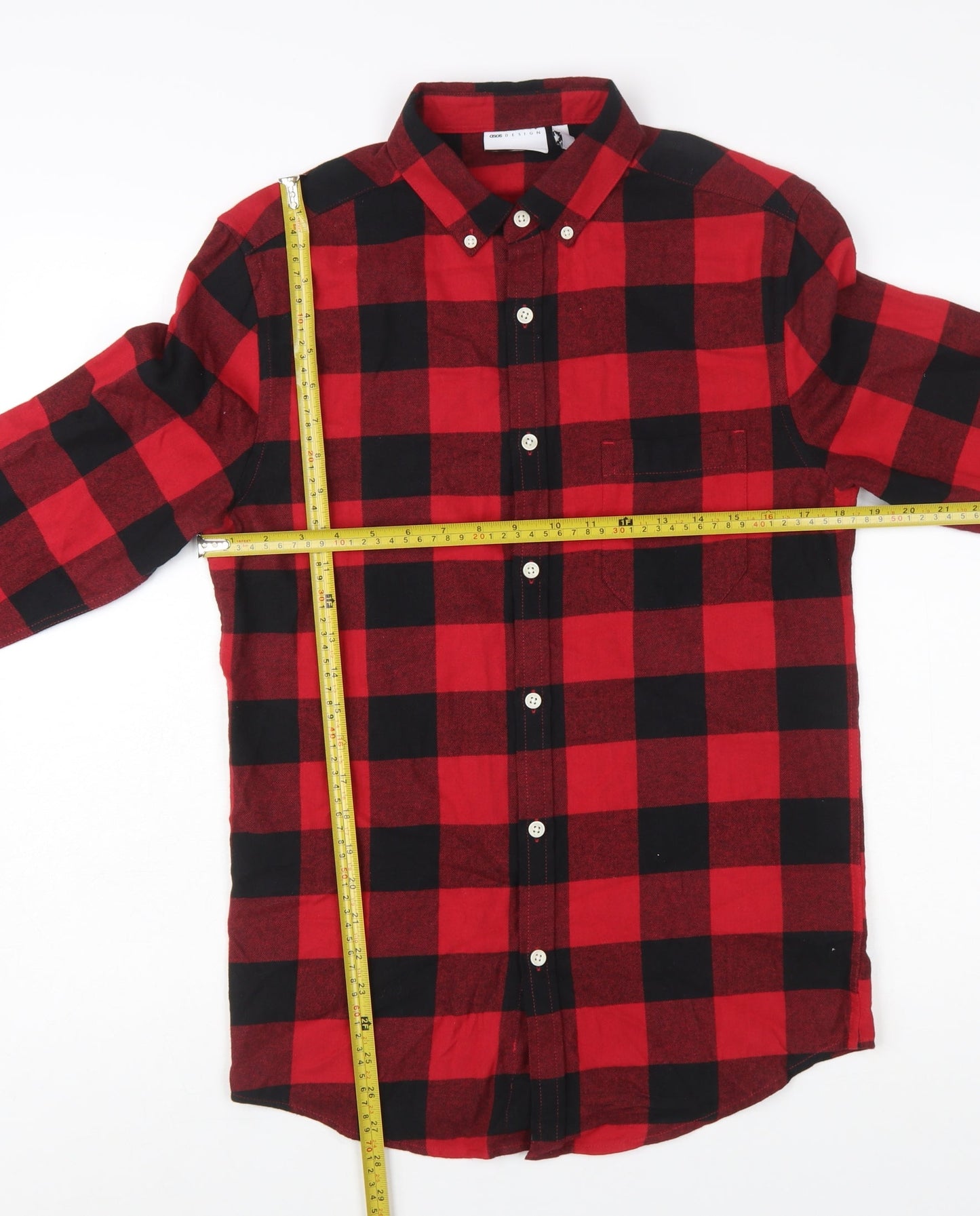 ASOS DESIGN Men's Red Check Button-Down Flannel Shirt XS