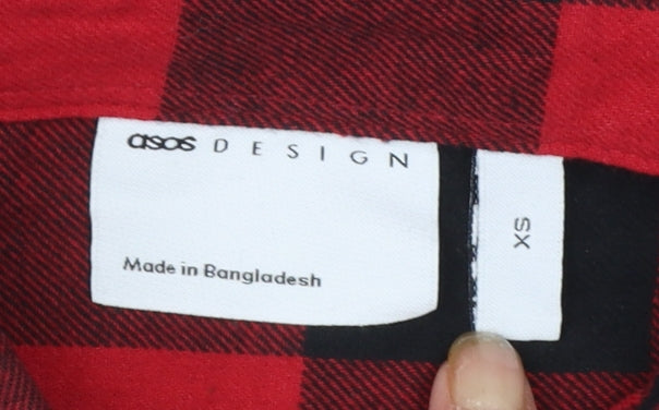 ASOS DESIGN Men's Red Check Button-Down Flannel Shirt XS