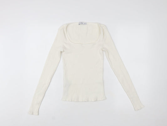 MNG Women Ivory Long Sleeve Square Neck Slim Fit Top M