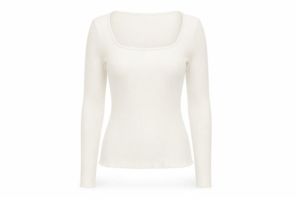 Mango Women Ivory Long Sleeve Square Neck Slim Fit Top M