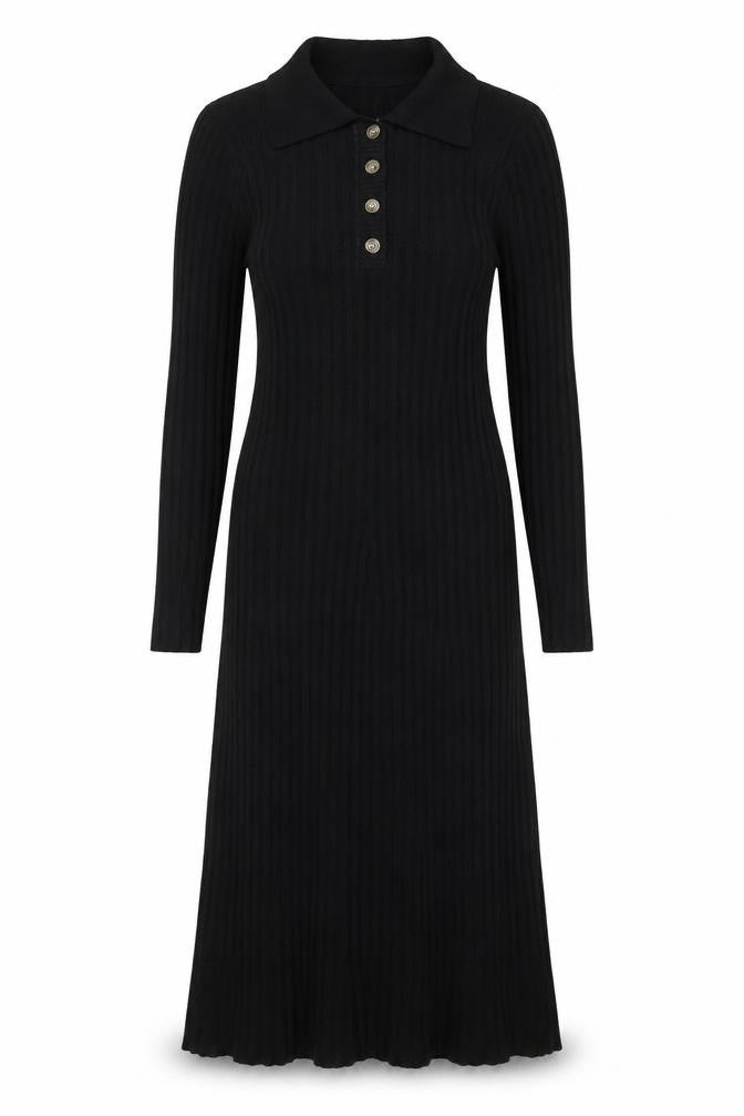 OMNES Women Black Collared Ribbed Bodycon Midi Knit Dress M