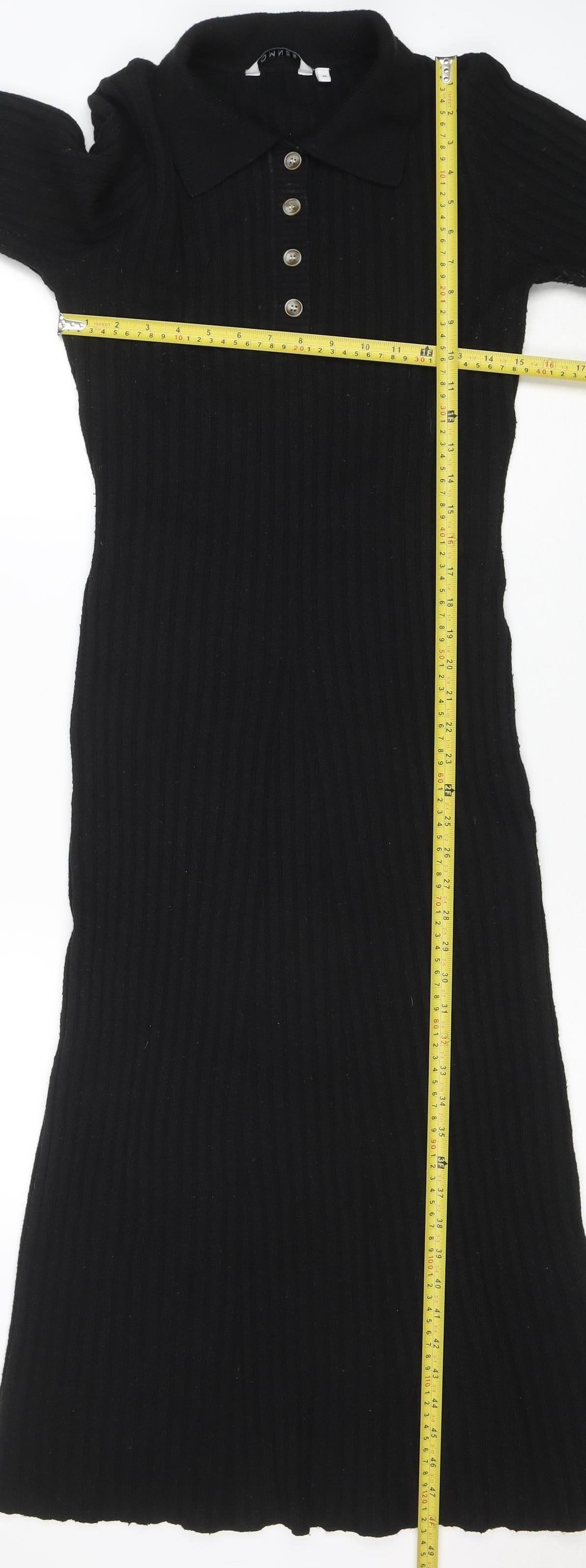 OMNES Women Black Collared Ribbed Bodycon Midi Knit Dress M
