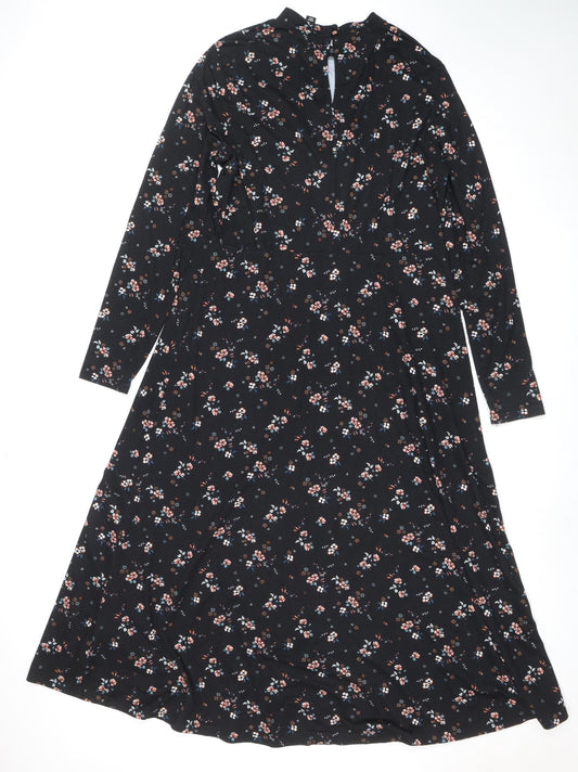 New Look Womens Black Floral Wrap Midi Dress Size 14 Viscose