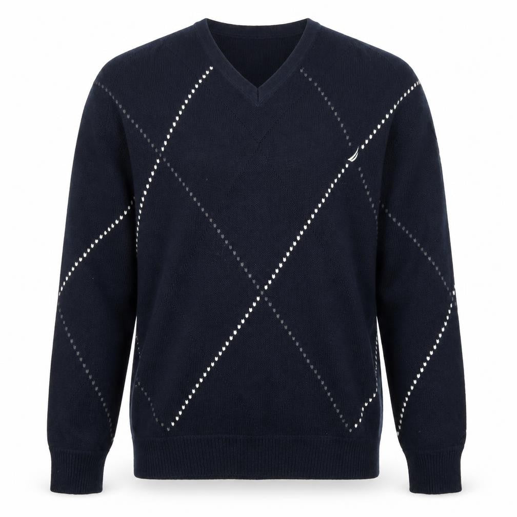 Nautica Men’s Blue Argyle V-Neck Cotton Jumper Size L