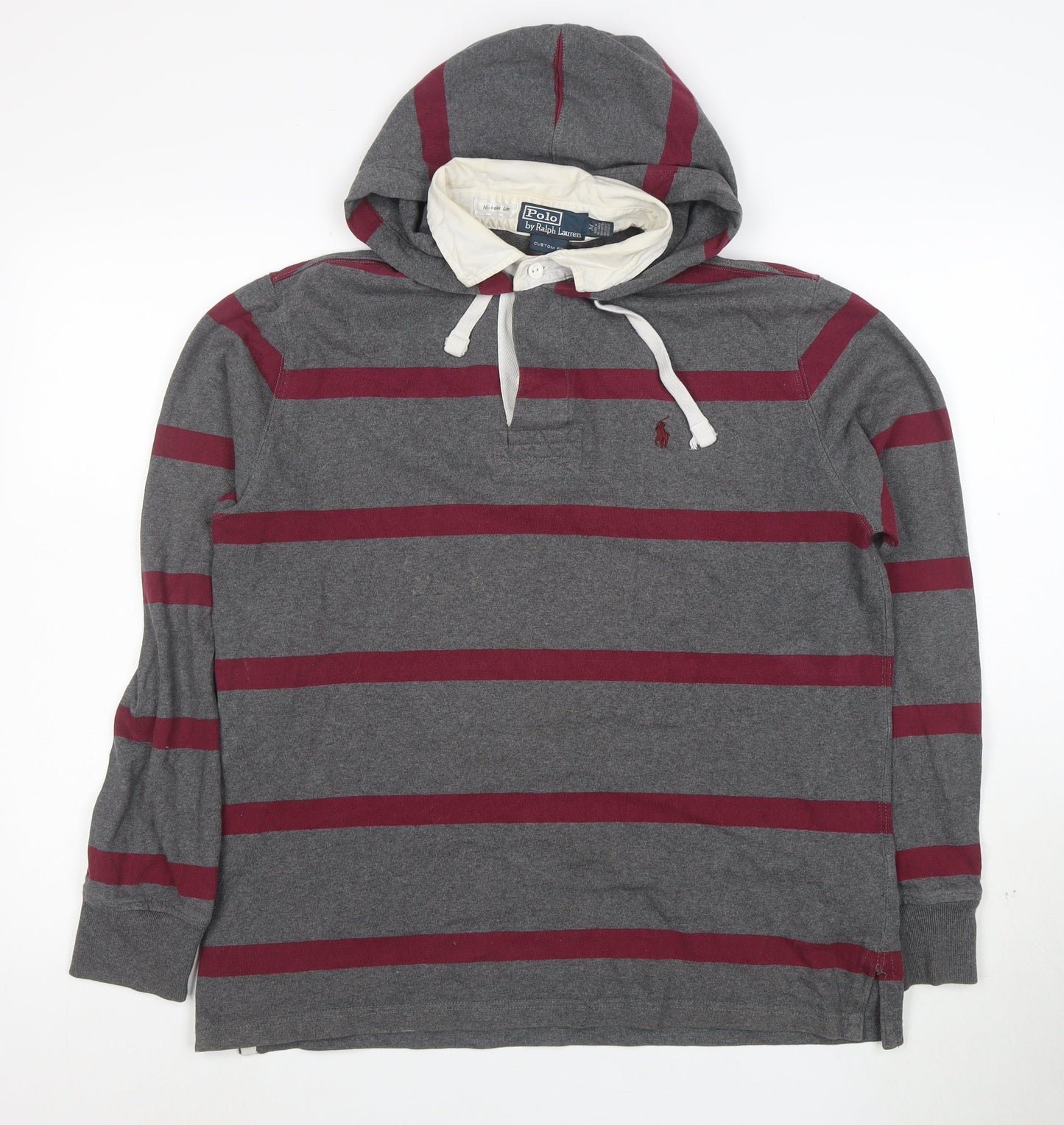 Ralph Lauren Men’s Grey Striped Henley Hoodie M Slim Fit Cotton