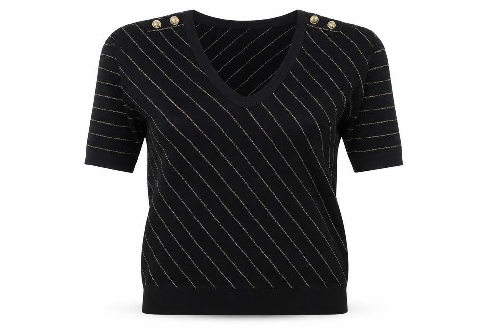 Juicy Couture Womens Black Striped Short Sleeve V-Neck Knit Top S