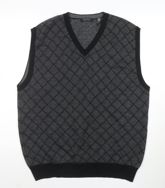 Segreto Men's Grey Argyle Merino Wool V-Neck Vest XL