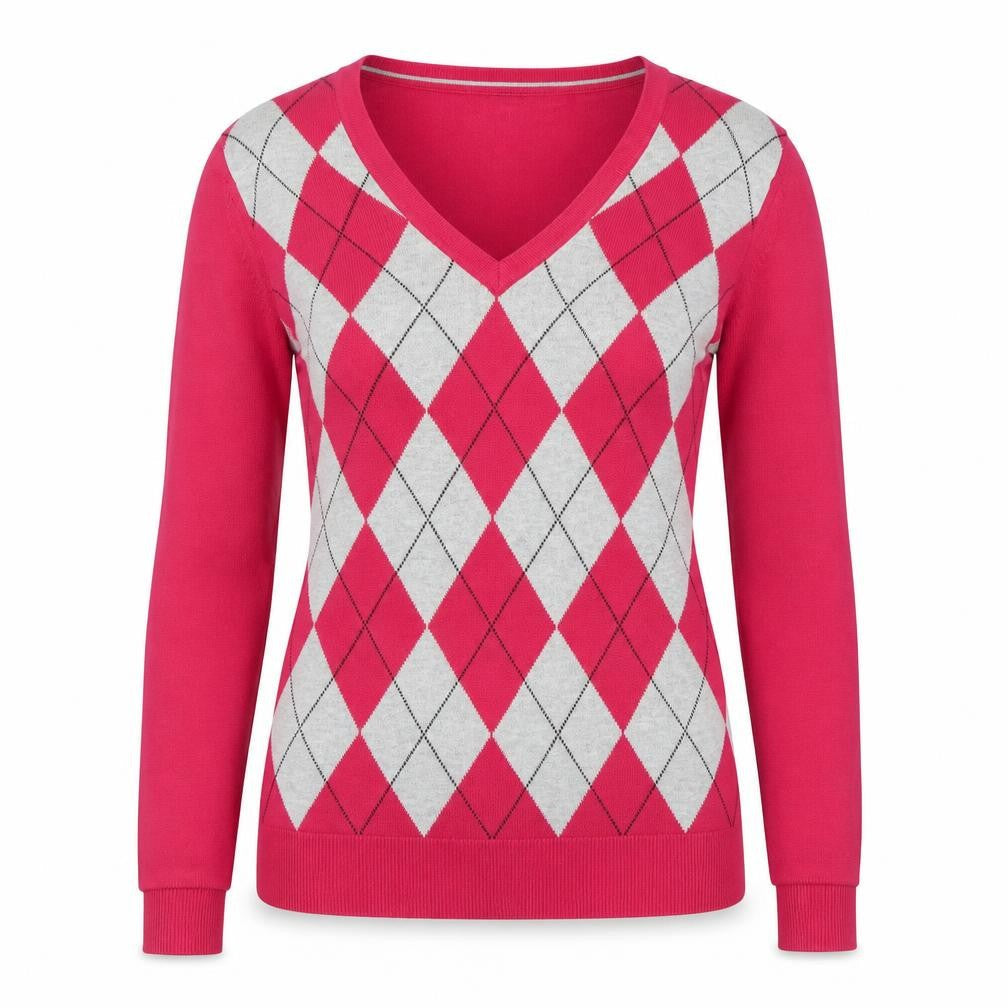 Tommy Hilfiger Womens Red Argyle V-Neck Jumper Size S 100% Cotton