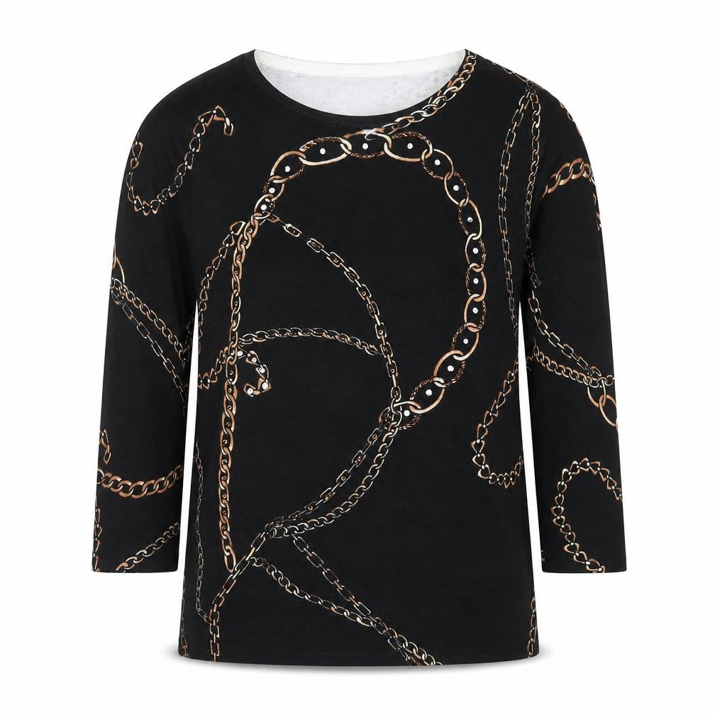 Venue Womens Black Chain Print 3/4 Sleeve Stretch Top M
