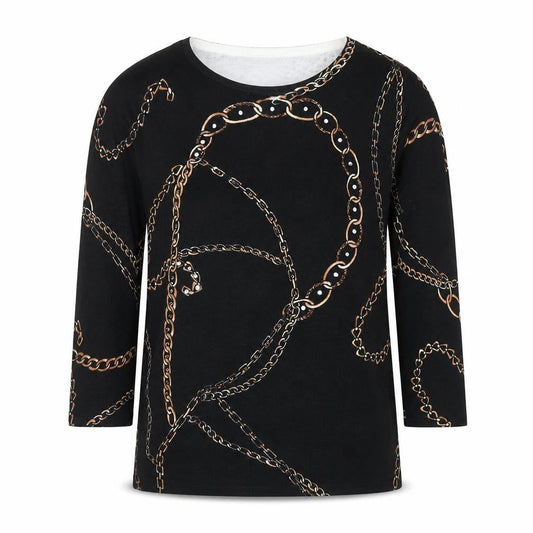 Venue Womens Black Chain Print 3/4 Sleeve Stretch Top M