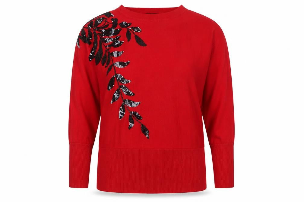 Roman Women’s Red Sequin Floral Tunic Knit Blouse Size 12