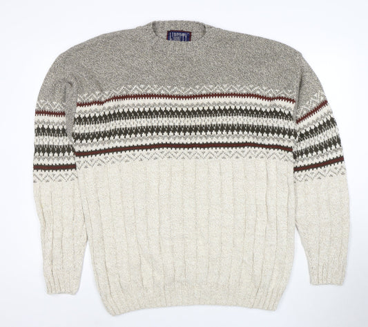 Liberty Men's Grey Fair Isle Cotton Knit Jumper Size L