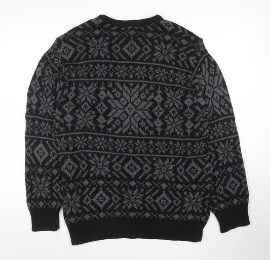 Roundtree & Yorke Men's Black Fair Isle Cotton Crew Neck Jumper Medium