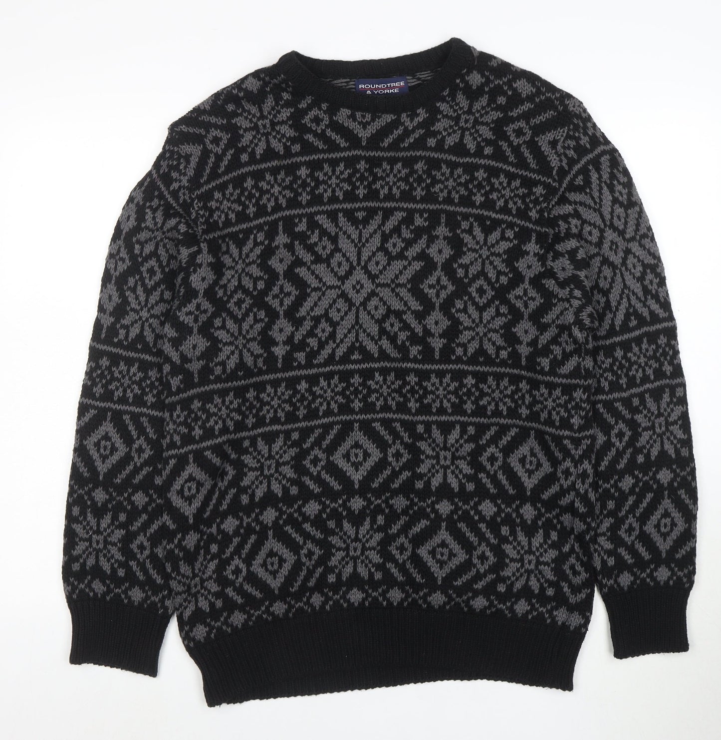 Roundtree & Yorke Men's Black Fair Isle Cotton Crew Neck Jumper Medium