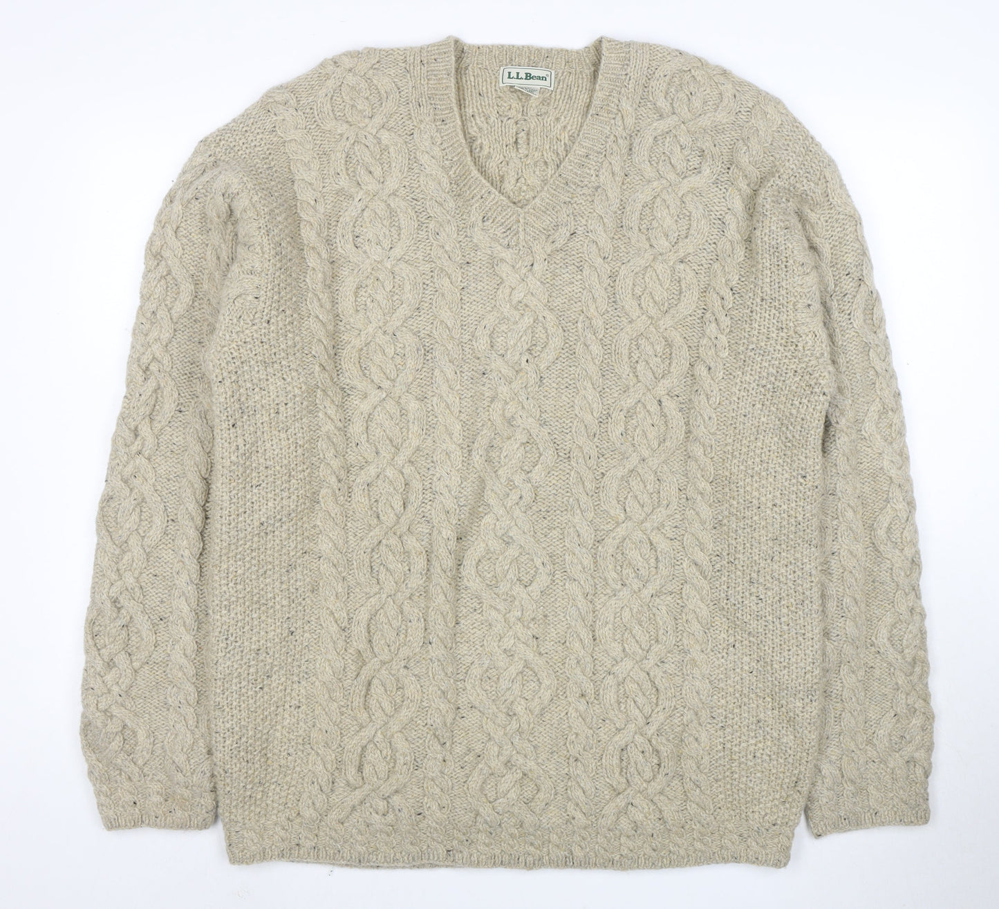 L.L. Bean Men Beige Wool Cable Knit V-Neck Jumper L Tall