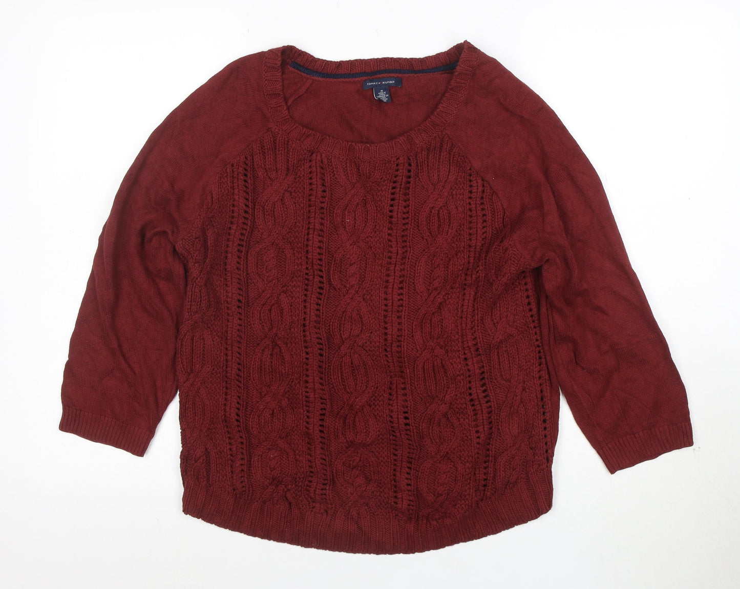 Tommy Hilfiger Women Burgundy M Cable-Knit Crew Neck Jumper