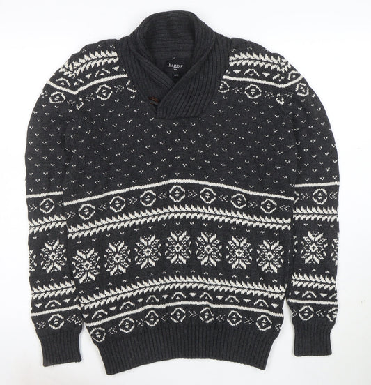 Haggar Men's Grey Fair Isle Shawl Neck Cotton Jumper Size M