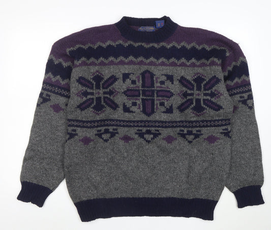 Wm Fleishman Mens Grey Fair Isle Wool Chunky Knit XL Jumper