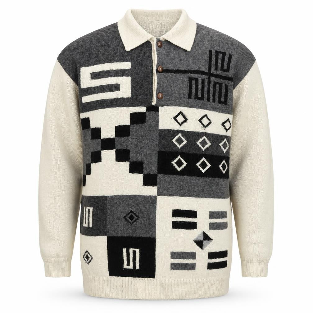 Panda Line Men's Beige Wool Henley Jumper L Geometric Knit