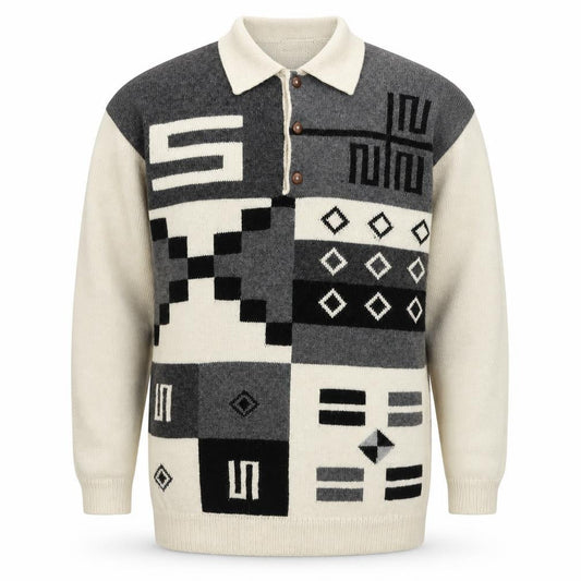 Panda Line Men's Beige Wool Henley Jumper L Geometric Knit