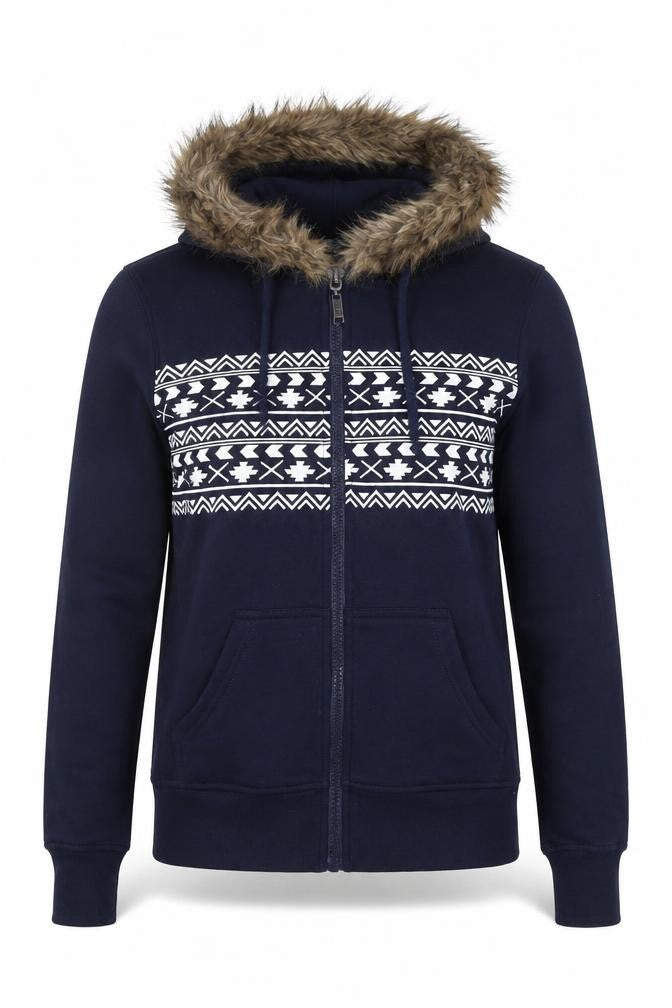 Brave Soul Womens Navy Faux Fur Hooded Full Zip Hoodie XS