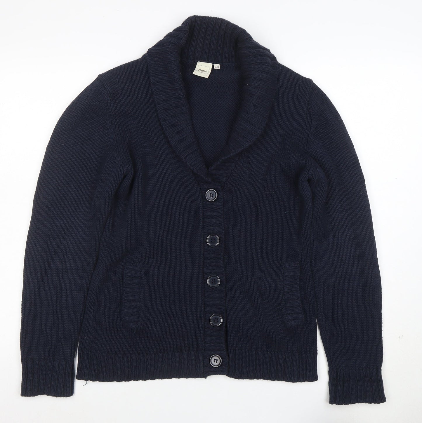 Cotton Traders Womens Navy Blue Long Sleeve Shawl Collar Cardigan Size 14