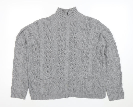 Jeanne Pierre Women's Grey Cable-Knit Mock Neck Cotton Jumper L