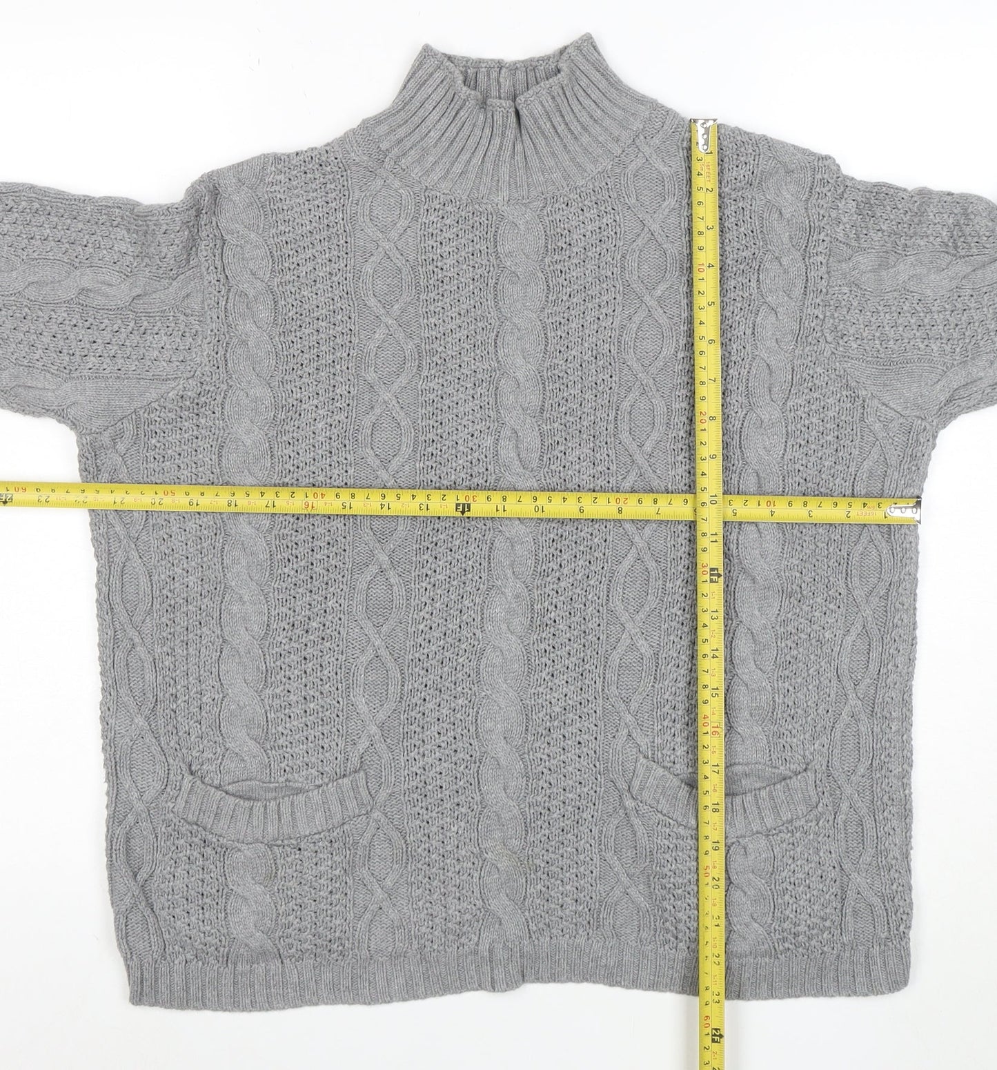 Jeanne Pierre Women's Grey Cable-Knit Mock Neck Cotton Jumper L
