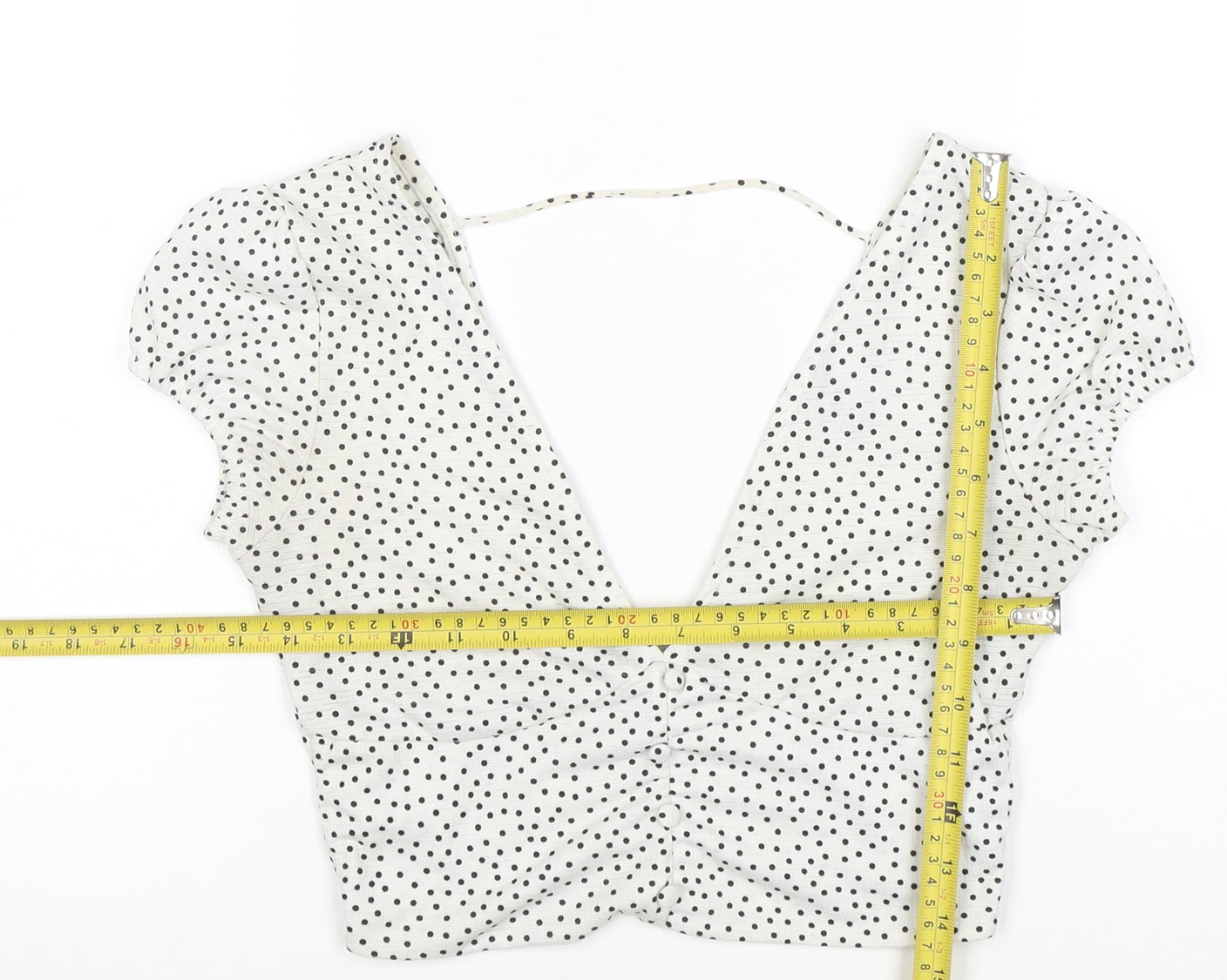 Bershka Women’s White Polka Dot Cropped V-Neck Blouse Size S